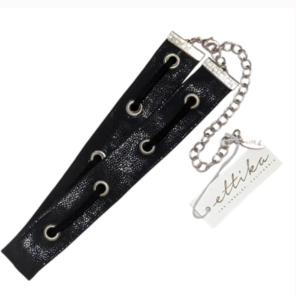 NWT Ettika Black Leather Adjustable Flat Choker with Suede Laced Grommets - Picture 1 of 4